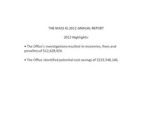 MASS IG - $234 MILLION IN POTENTIAL SAVINGS